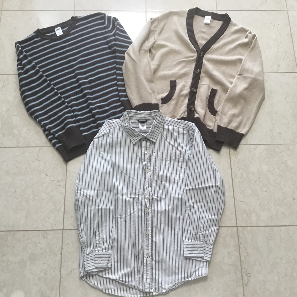 GYMBOREE 3 pc blue brown sweater shirt cardigan set L 10-12